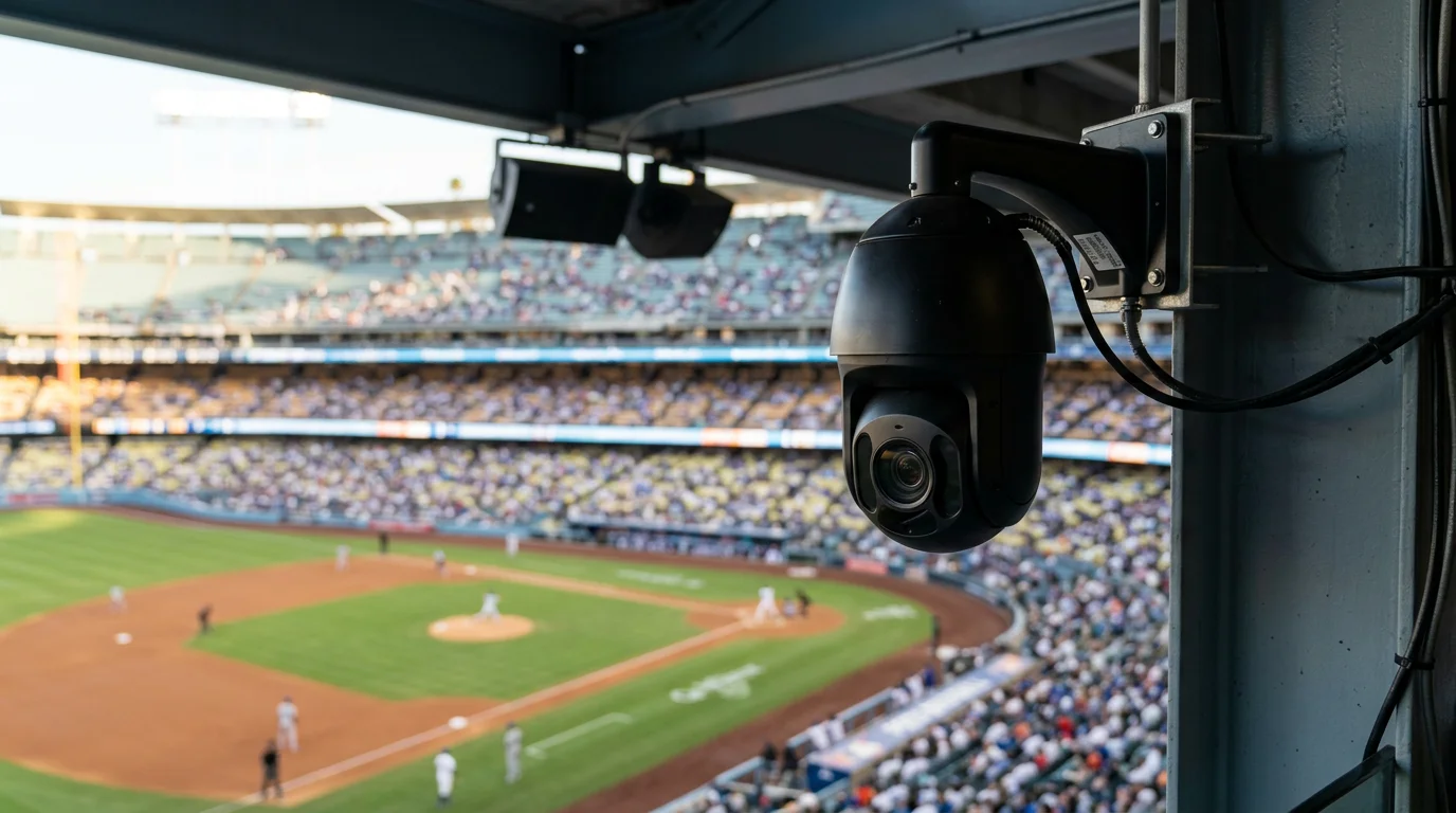 Security camera overlooking a baseball field from a stadium press level