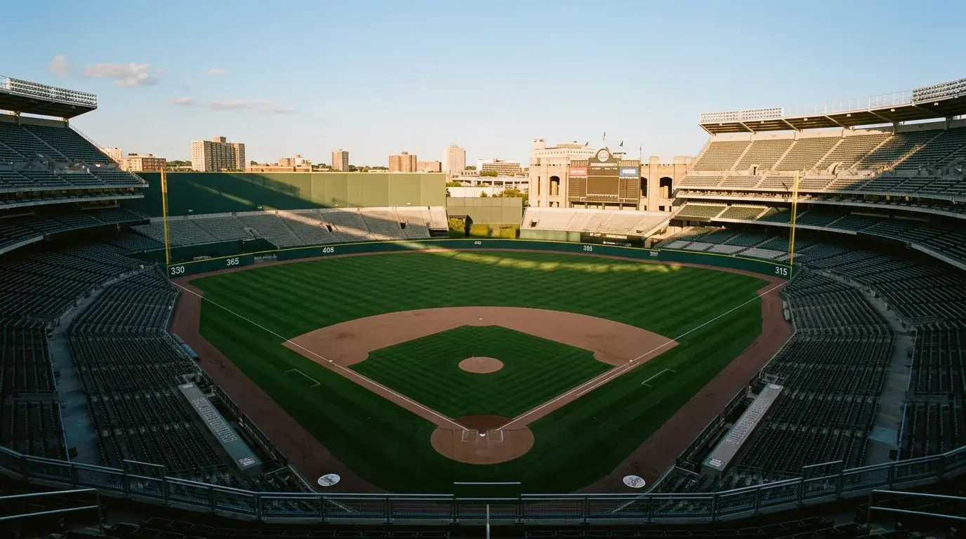 Wide-angle view of a baseball stadium showing the outfield wall dimensions and field layout from an upper deck perspective